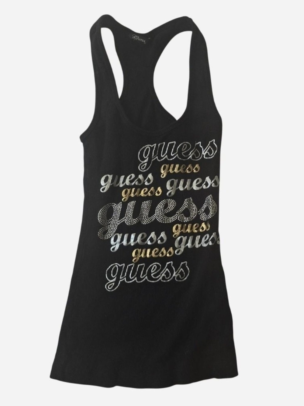GUESS Black Racerback Tank with Gold & Silver Logo Detail